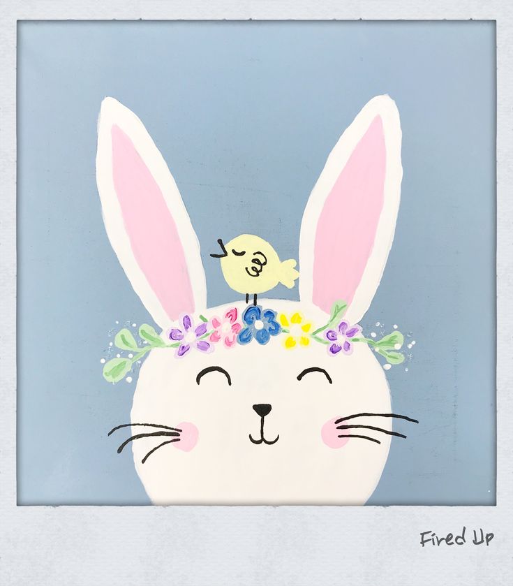 a painting of a bunny with flowers and a bird on it's head, in front of a blue background