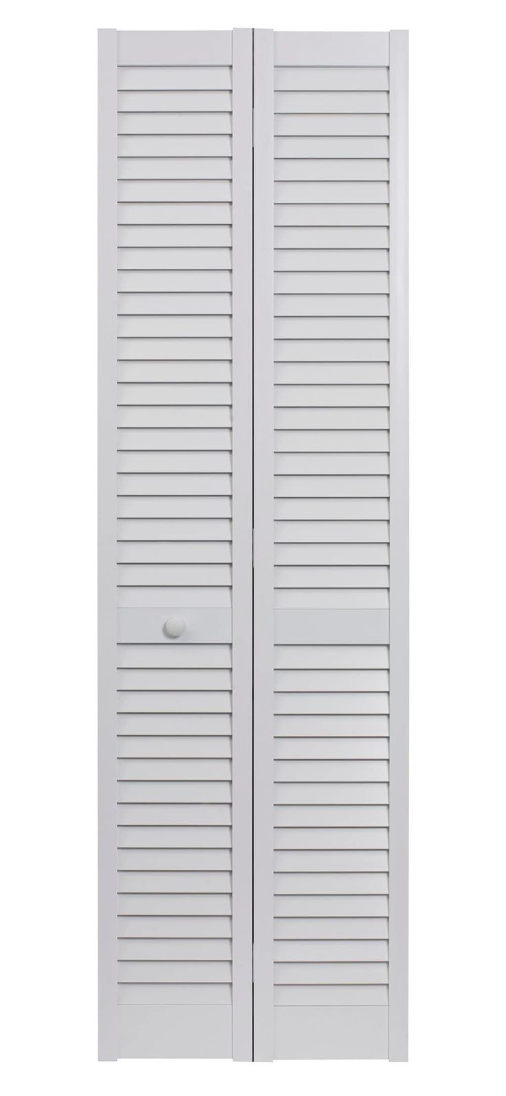 a white closet door with shutters on the side and bottom panel, in front of a