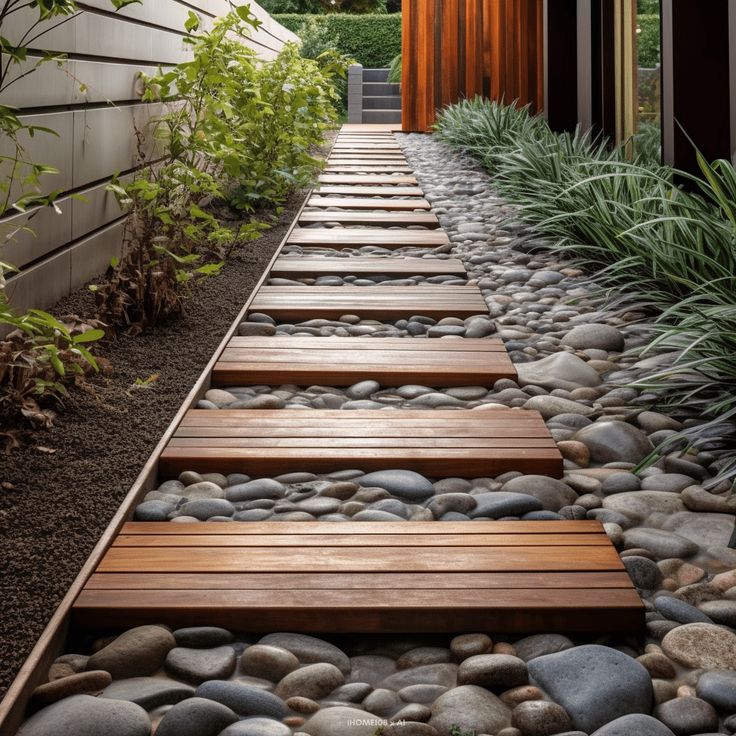 a long wooden walkway lined with rocks and plants