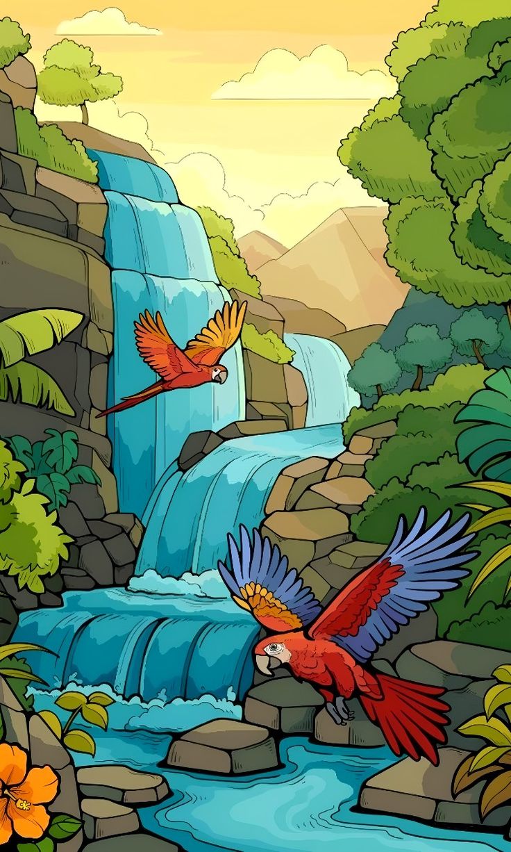 two parrots flying over a waterfall in the jungle