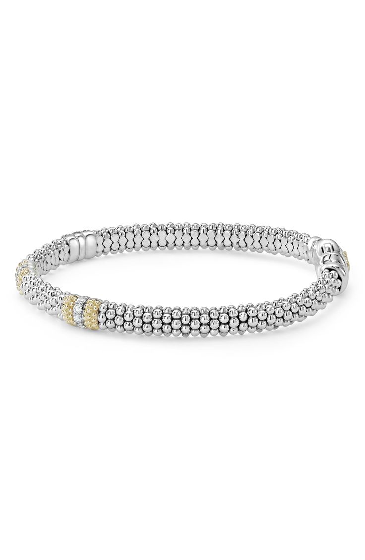 Signature beadwork and dazzling diamonds define a timelessly elegant bracelet you'll wear everywhere. 7" length Box clasp closure Total diamond weight: 0.31ct. Color: G-H Clarity: SI 18k gold/diamond Imported Elegant Yellow Gold Beaded Bracelets With Diamond Accents, Luxury White Gold Stackable Diamond Bracelet, Elegant Sterling Silver Stackable Bracelet For Anniversary, Elegant Stackable Sterling Silver Bracelet For Anniversary, Elegant Rondelle Gold Bracelet For Formal Occasions, Elegant White Gold Beaded Bracelets For Anniversary, Elegant Formal Rondelle Beaded Bracelets, Luxury Stackable Tennis Bracelet For Formal Occasions, Elegant Silver Diamond Beaded Bracelets