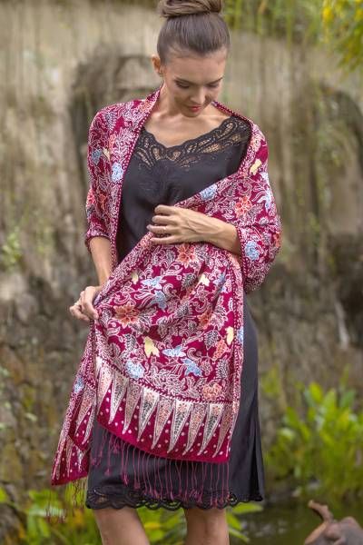 Batik silk shawl, 'Maroon Garden' - Floral #Batik #SilkShawl in Maroon from Bali #bali #indonesia #balineseart Indonesian Batik, Batik Art, Batik Design, Wax Resist, Silk Shawl, Bali Travel, Floral Garden, Women Artisans, Wood Blocks