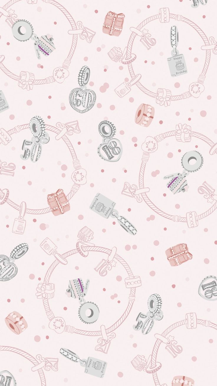 a pink and white wallpaper with various items on it