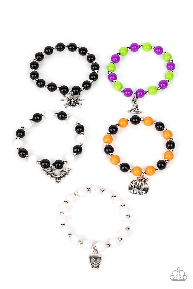 Accented with ghoulish charms - a witch's hat, a spider, a jack-o-lantern, a bat, and a skull - the stretchy beaded bracelets vary in patterns of white, black, orange, purple, and green. P9SS-MTXX-308XX 5 BRACELET SET! Note from Bee: The children's jewelry is hypoallergenic - and most are adjustable (or stretchy). We do not offer necklaces (for safety reasons). Browse the category to see all the cuteness available. To save you on shipping, these are being sold in sets of 5. The pieces are someti Halloween Jewlery, Jewelry Witchcraft, Halloween Charm Bracelet, Diy Kandi Bracelets, Children's Jewelry, Diy Kandi, Stretchy Beaded Bracelet, Halloween Bracelet, Bracelet Pack