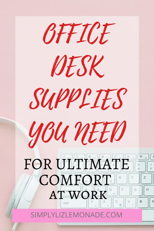 the words office desk supplies you need for ultimate comfort at work on a pink background