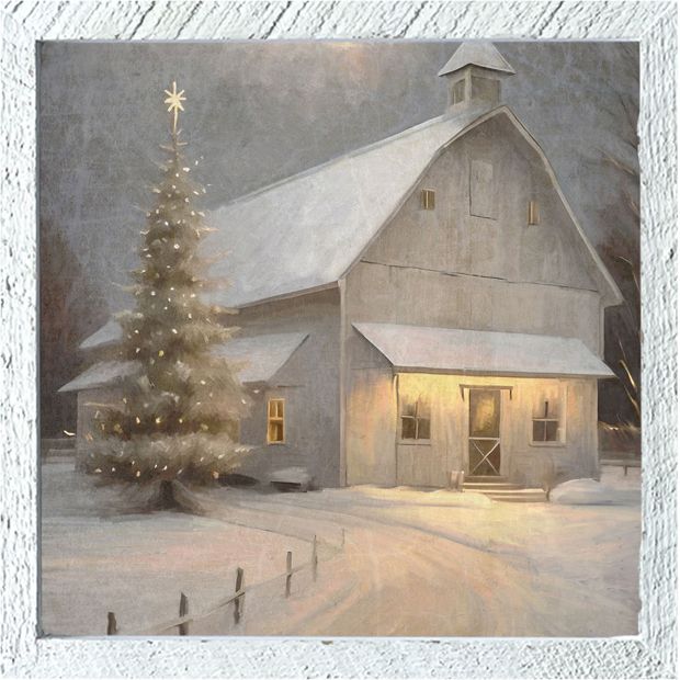 a painting of a christmas tree in front of a barn