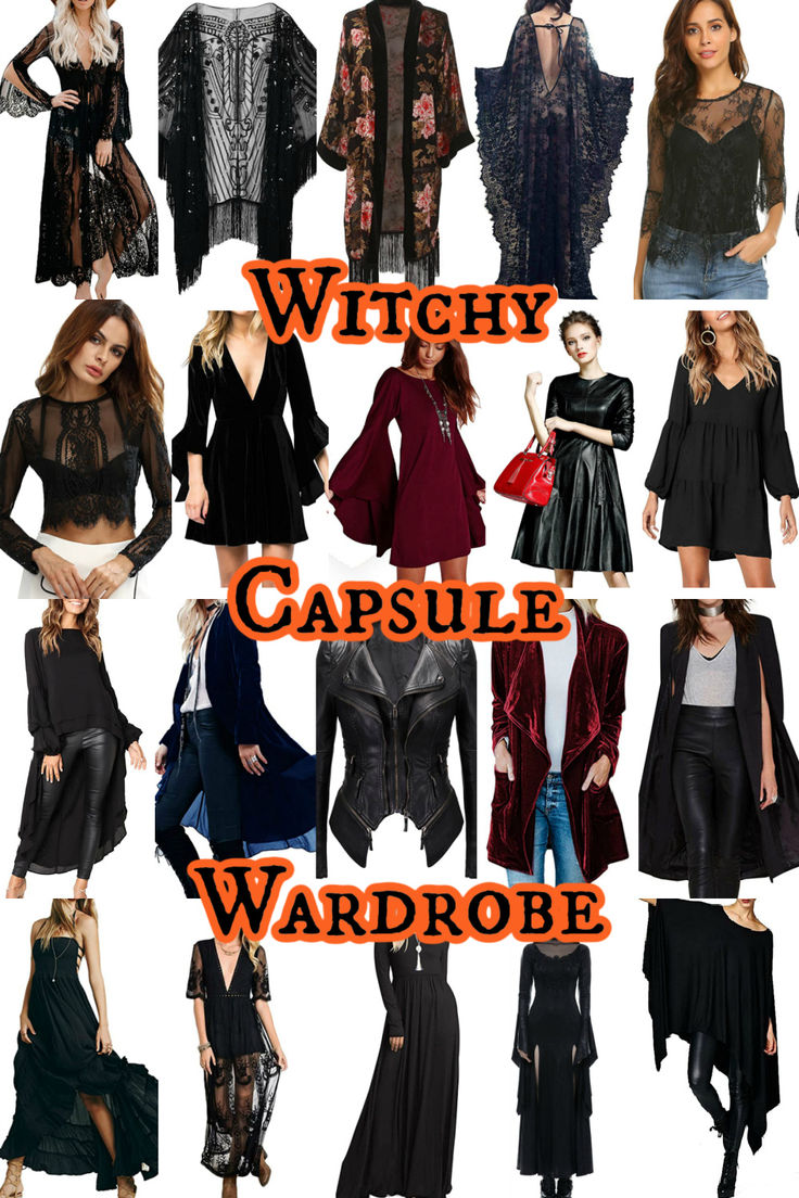 With a combination of flowy chiffons, lustrous velvets, chunky knits, tough leathers, delicate silks, and intricate lace fabrics, it’s a look that is made all the more impactful due to its layers and textures. A little goth, a little bohemian, a little mystical – a witchy wardrobe can be a fun and spooky style to wear year-round, not just in October. If parsing the look down to a capsule-worthy fifteen pieces, these are the witchy essentials. Boho Witch Capsule Wardrobe, Chic Witch Aesthetic, Casual Fall Goth Outfits, Witchy Tea Party Outfits, Plus Size Witch Outfits, Plus Size Witchy Outfits Fall, Witchy Date Night Outfit, Cozy Witch Aesthetic Outfits, Goth Layering Outfits