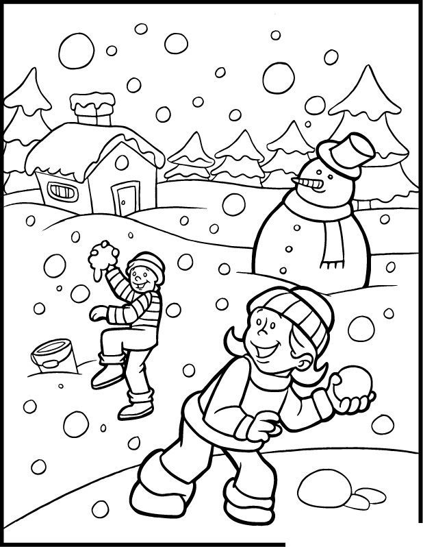 a black and white image of children playing in the snow with an adult coloring page