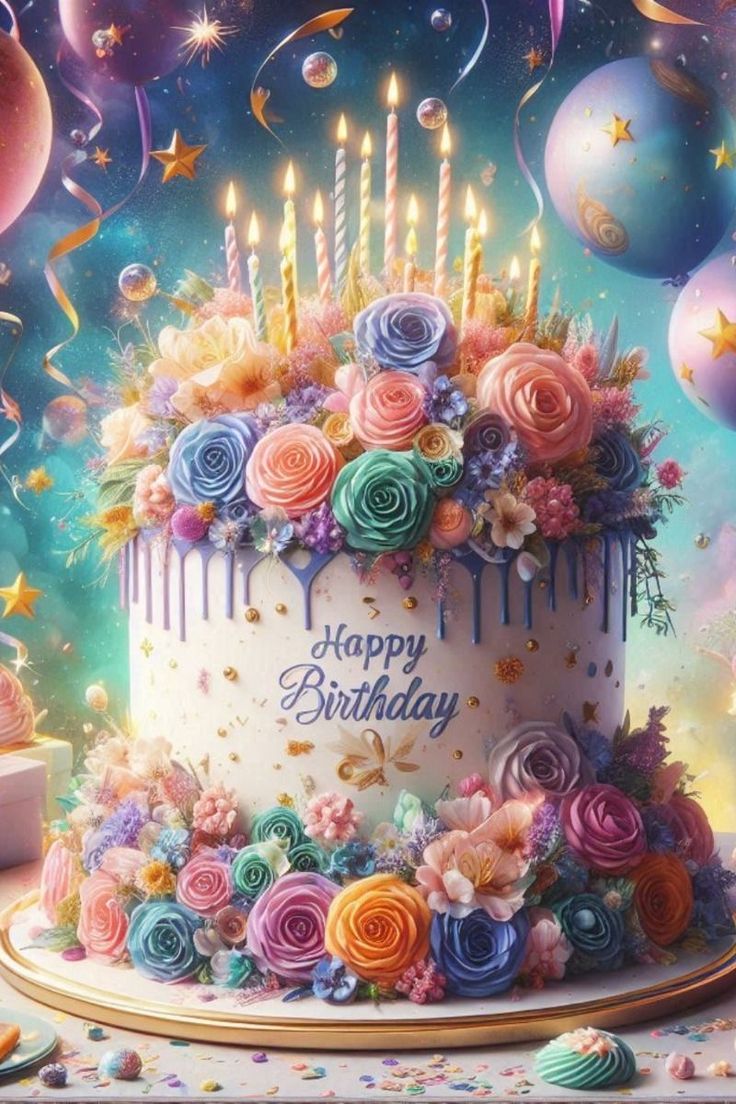 a birthday cake with candles on it surrounded by balloons and confetti