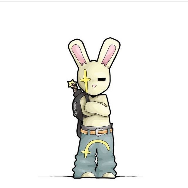 a cartoon bunny with a backpack and cross on his chest