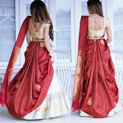 Back drape Saree/lehenga... 784 Likes, 22 Comments - Dolly Jain (@dolly.jain) on Instagram: “One of the most trending drape is to take the pleats behind rather than taking in front.. this is…” Drape A Saree, Lengha Saree, भारतीय दुल्हन संबंधी, डिजाइनर कपड़े, Lehenga Style Saree, Lehenga Design, Lehenga Saree Design, Saree Wearing, Saree Wearing Styles