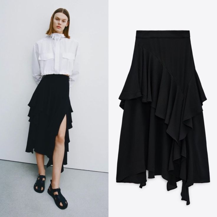 High-Waisted Midi Skirt. Tonal Matching Ruffles. Asymmetric Hem. Back Hidden In-Seam Zip Closure. Chic Bottoms With Asymmetrical Hem, Elegant Ruffled Skirt For Day Out, Chic Ruffled Skirt Bottoms For Fall, Spring Black Fitted Draped Skirt, Chic Draped Skirt For Night Out In Spring, Zara High Waist Flowy Skirt, Zara Asymmetrical Hem Summer Skirt, Zara Summer Skirt With Asymmetrical Hem, Workwear Skirt With Ruffles And Relaxed Fit