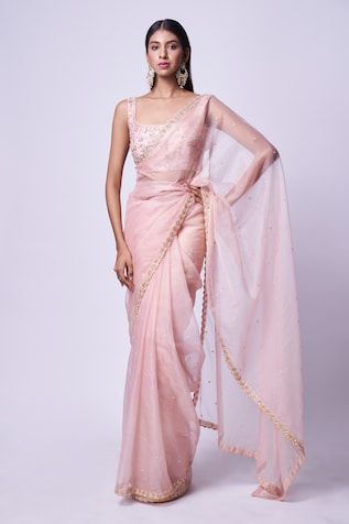 Pink organza saree with sequins hand embroidery. Comes with a padded raw silk blouse. - Aza Fashions Kavitha Gutta, Onion Pink Saree, Pink Organza Saree, Baby Pink Saree, Saree Organza, Sequins Saree, Onion Pink, Scallop Border, Fashionable Saree Blouse Designs