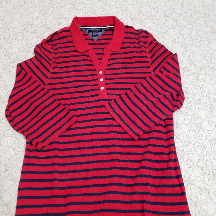 Red And Blue Striped 100% Cotton Top. Great For Casual Wear As It Sports A Collared V Neckline. (Nwot) Tommy Hilfiger Red Long Sleeve Top, Tommy Hilfiger Tops, V Neckline, Cotton Top, Cotton Tops, Red Blue, Red And Blue, Casual Wear, Tommy Hilfiger