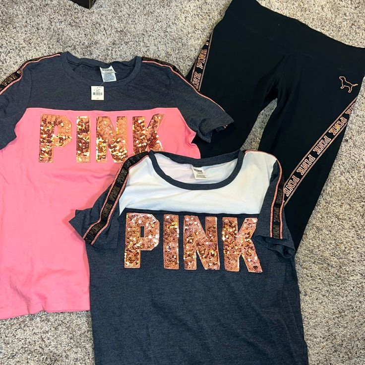 Two Bling Tees With Rose Gold Matching Leggings Leggings Size Large Like New One Tee Is New With Tags The Other Is Like New Pink Short Sleeve Activewear For Loungewear, Pink Short Sleeve Activewear For Casual Wear, Pink Stretch Short Sleeve Sets, Pink Short Sleeve Sports Set, Sporty Pink Loungewear Sets, Pink Athleisure Loungewear Set, Casual Pink Sports Sets, Matching Leggings, Secret Pants