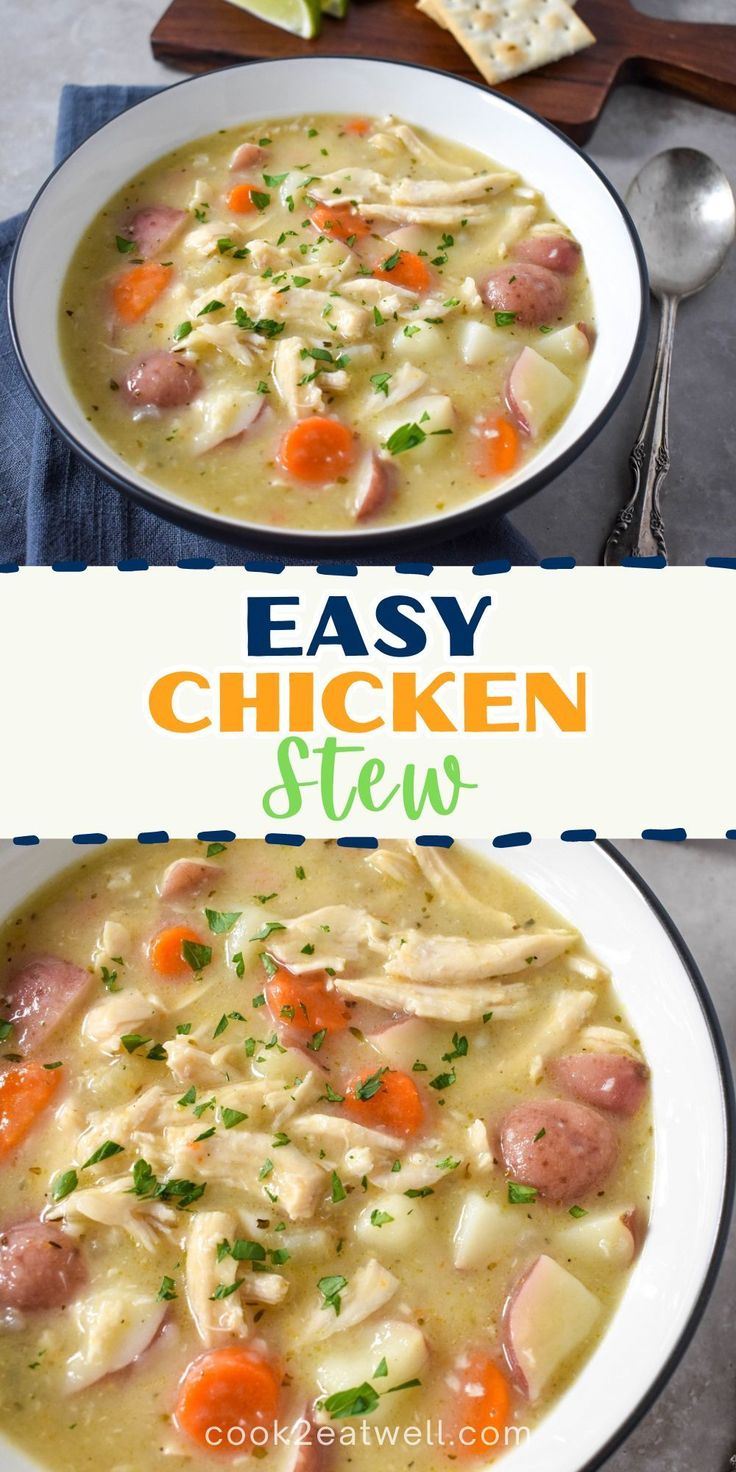 two bowls filled with chicken stew next to crackers