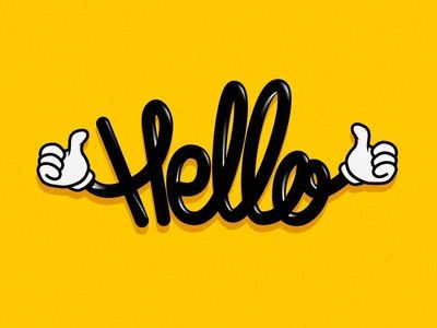 the word hello written in black ink on a yellow background with thumbs up and down