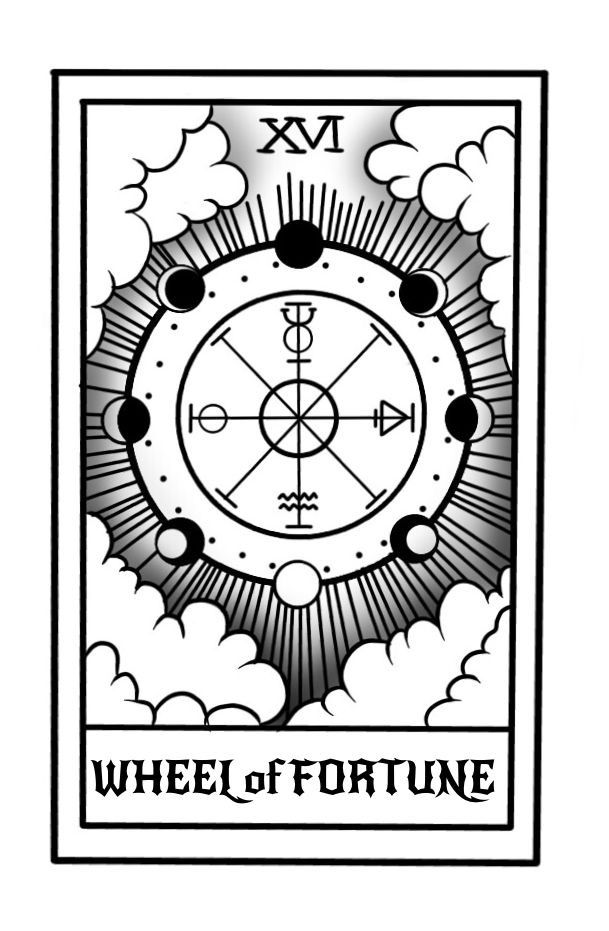 the wheel of fortune with clouds and sun in black and white ink on a white background