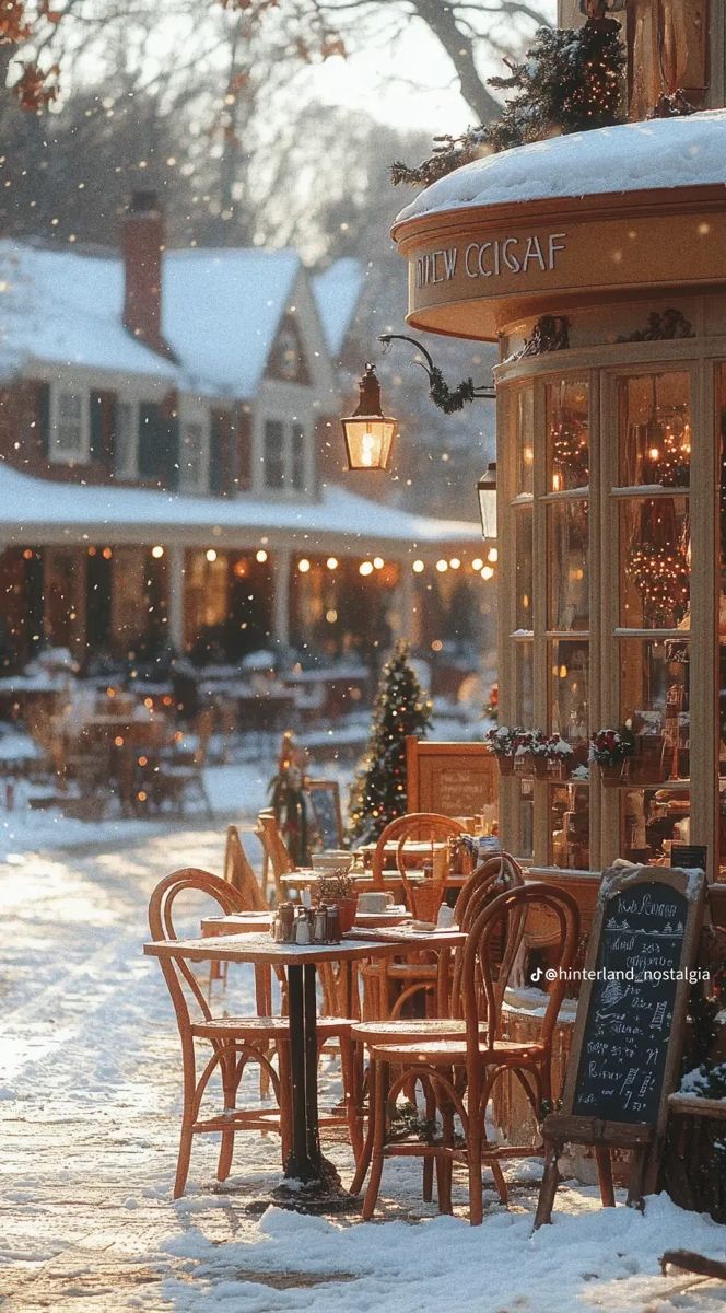 the outside of a restaurant with tables and chairs covered in snow at christmas time,