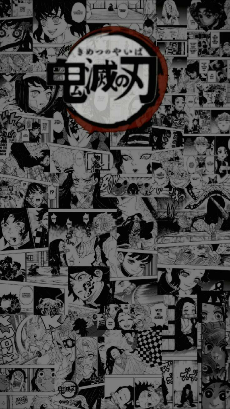 an anime poster with many pictures and words on it's back ground, all in black and white