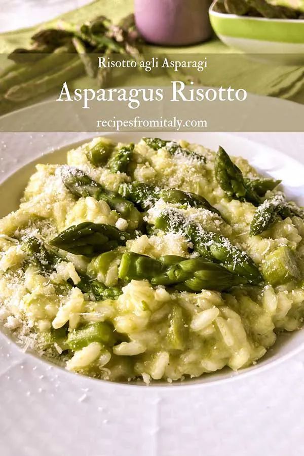 asparagus risotto with parmesan cheese in a white bowl on a table