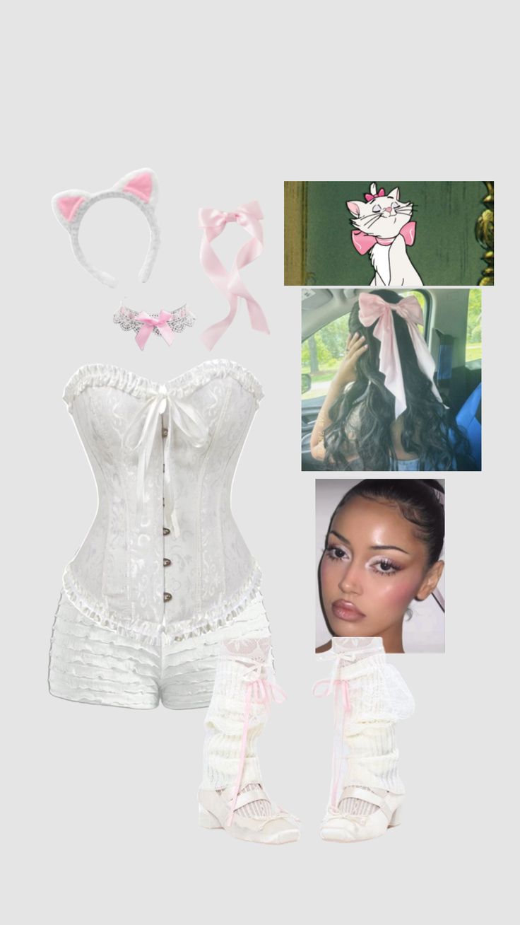 a white corset with pink bows on the side and pictures of other items