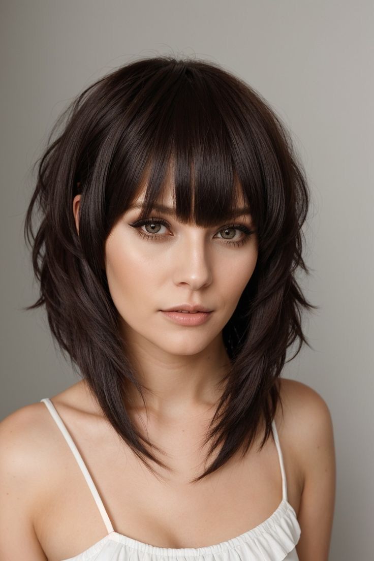 Bangs With Inverted Bob, Hair Back With Bangs, Short Hair Framed Face, Angled Layered Bob Medium, Short Hair With Heavy Bangs, Short Length Layered Haircuts, Short At Back Long At Front Hair, Long Pixie With Layers, Shaggy Short Hair No Bangs