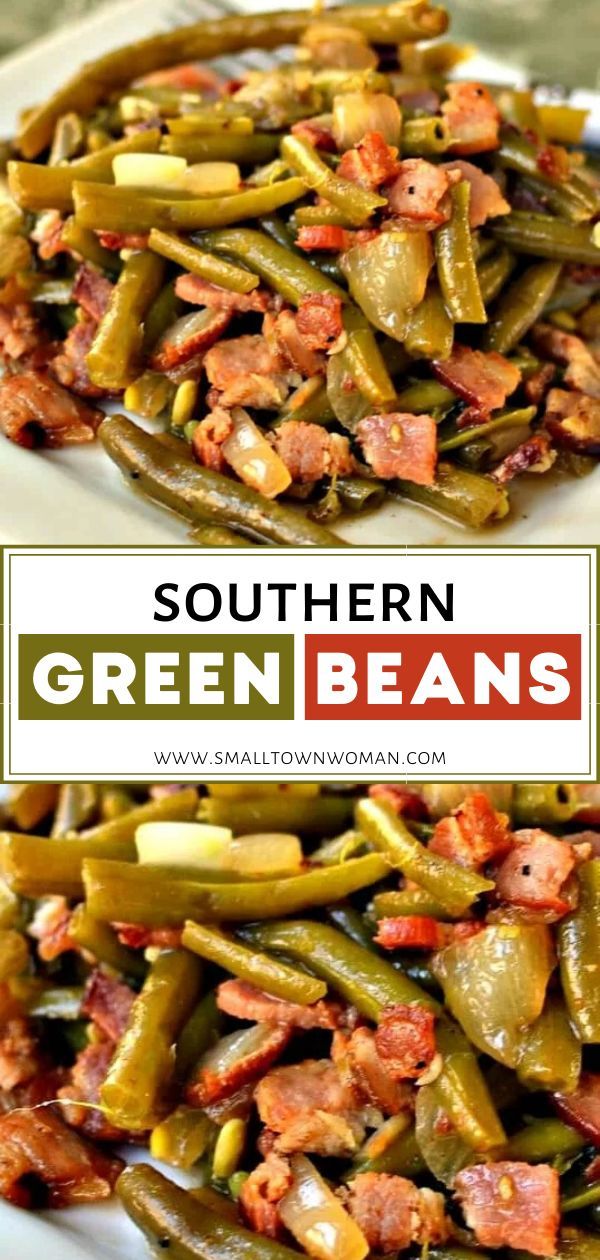 southern green beans with bacon and onions on a white plate