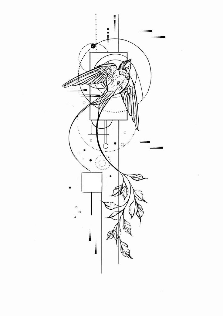 a black and white drawing of a bird sitting on top of a tree branch with geometric shapes