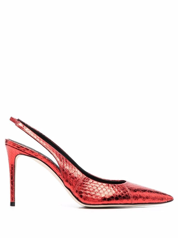 a red high heeled shoe with an open toe and snake skin on the side