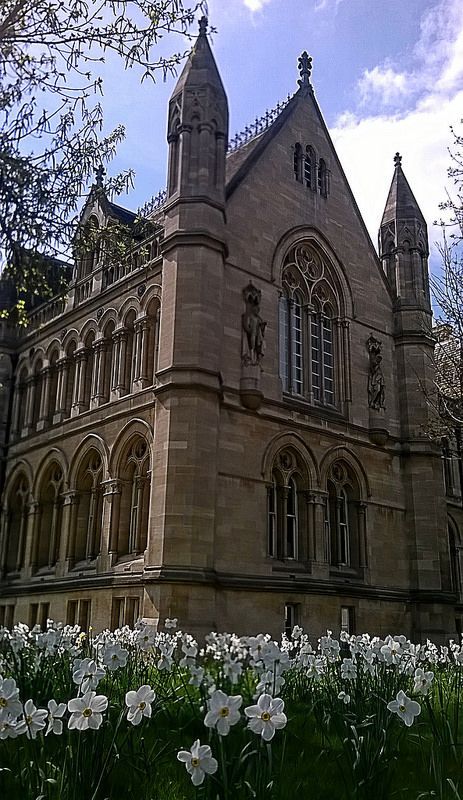 an old building with flowers in the foreground