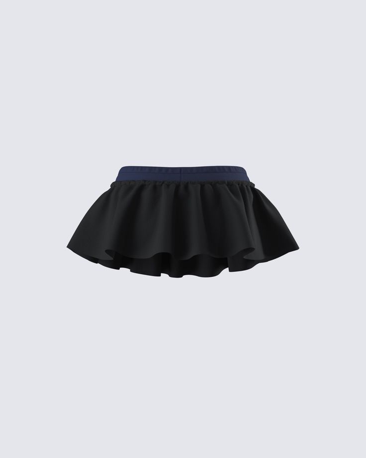 From the beach club to the after party, this black flounce mini skort is the ideal choice 😏 Constructed from a blend of scuba and jersey fabric and complete with shoe lace drawstring ties, a hot short liner, and a micro fit & flare design for a versatile yet cute look 🖤 Sporty Black Short Mini Skirt, Black Short Tennis Skirt For Summer, Sporty Black Mini Swim Skirt, Black Sporty Mini Swim Skirt, Sporty Black Skort For Cheerleading, Sporty Black Cheerleading Skort, Navy Sporty Skort For Summer, Beach Skort With Stretch Ruffles, Beach Skort With Ruffles And Stretch