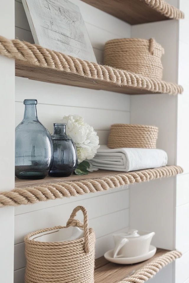 rope shelves with baskets and vases on them