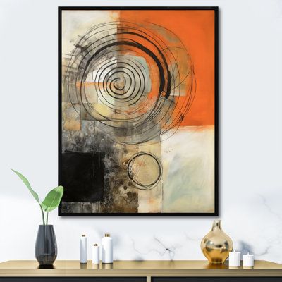 an abstract painting hangs on the wall above a table with candles and vases next to it