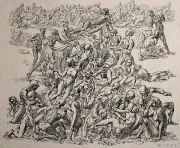 an old drawing of men wrestling in the middle of a field with other people around them