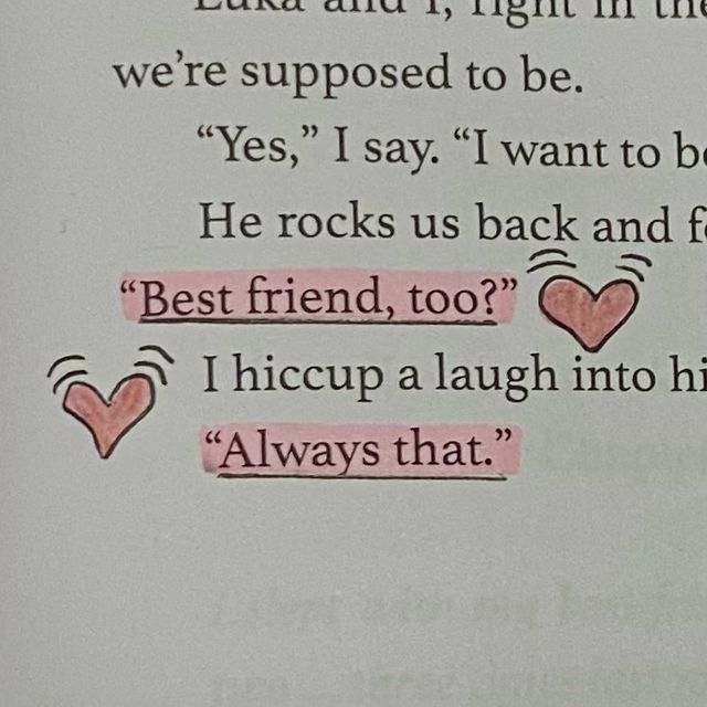 the text is written in pink and black on a piece of paper that says, best friend, too? i hiccp a laugh into him always that