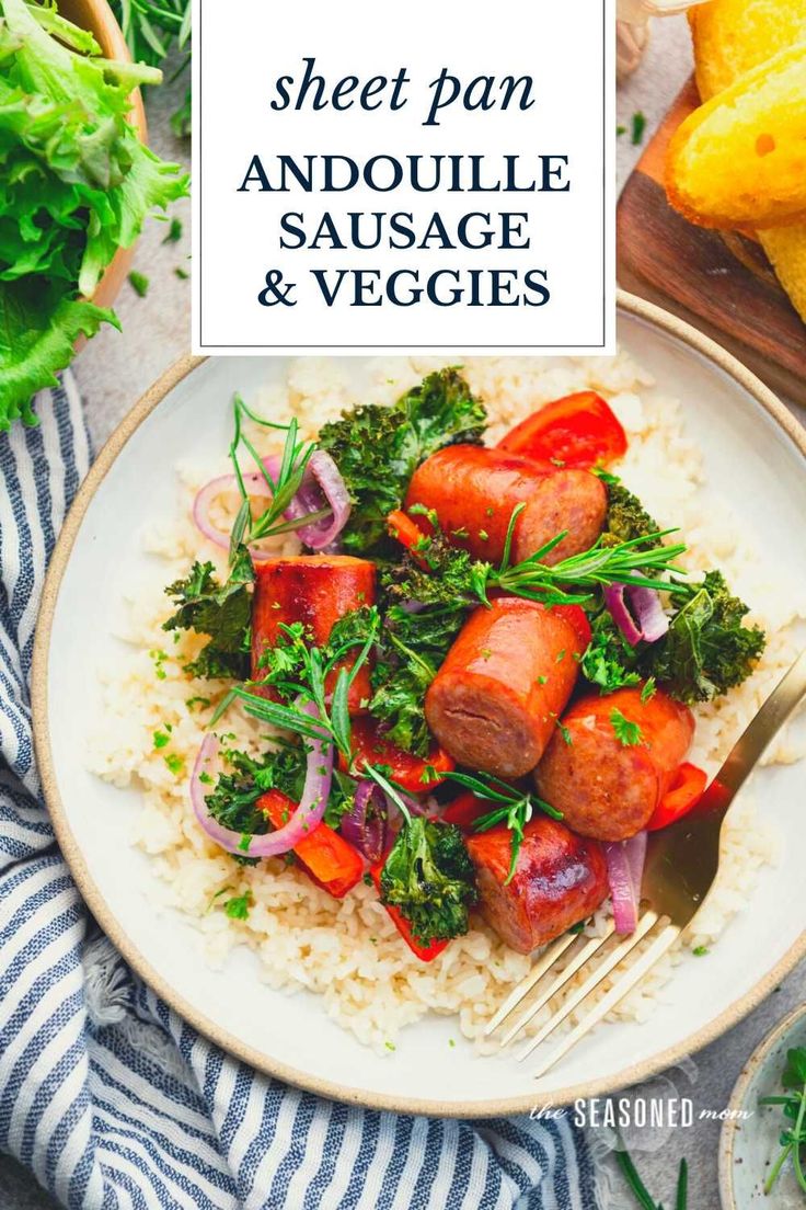 a white plate topped with sausage and veggies next to a blue striped napkin