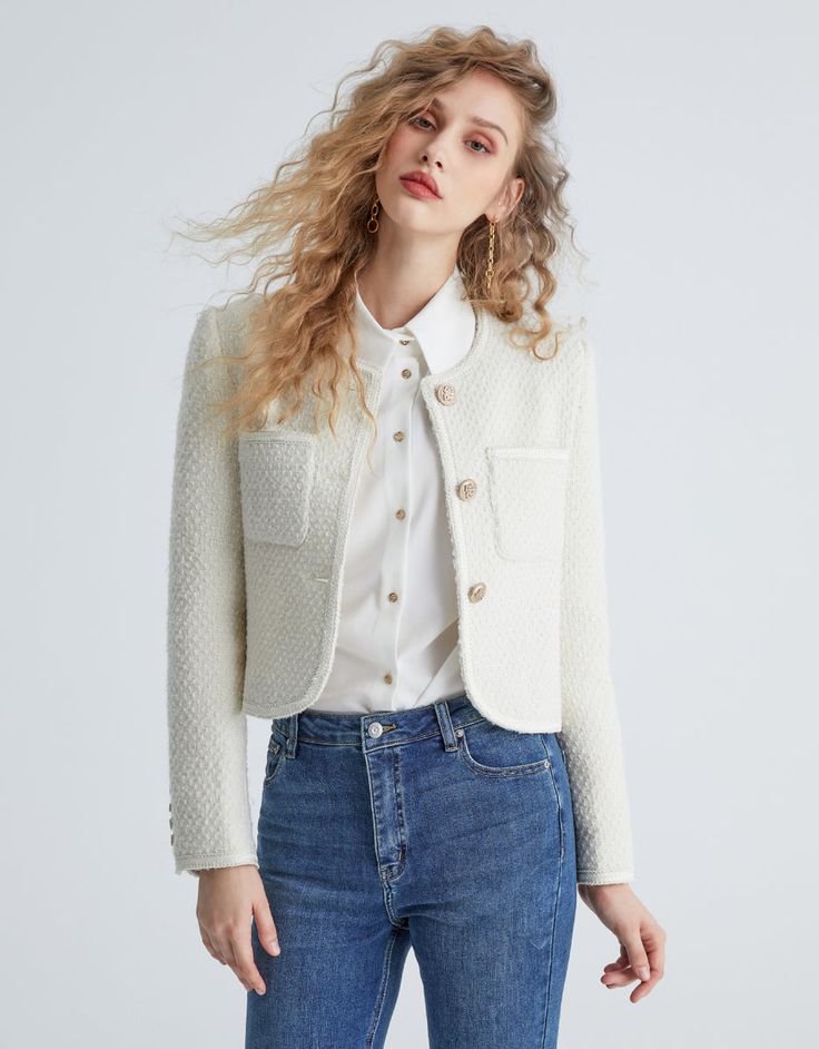 Emilie Tweed Jacket – Urban Revivo Tweed Jacket Style, White Tweed Jacket, Business Shorts, Urban Revivo, Business Casual Blazer, Work Blazer, Thick And Fit, White Tweed, Womens Business Casual