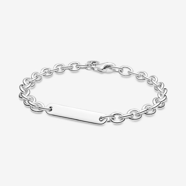 Personalize your wrist with the Engravable Bar Link Bracelet. Hand-finished in sterling silver, this bracelet features a simple polished silver bar on a chain bracelet. Both sides of the silver bar are engravable. Each bracelet can be adjusted up or down one size. Whether you engrave your initials, an important date or another message that has special meaning to you, this bracelet is the epitome of modern, chunky, customized style. - Pandora Engravable Bar Link Bracelet - Sterling silver - Sz. 7 Classic Silver Chain Charm Bracelet, Classic Charm Bracelet With Cable Chain, Classic Silver Name Bracelet, Classic Silver Charm Bracelet, Classic Sterling Silver Cable Chain Bracelets, Classic Personalized Sterling Silver Bracelet, Personalized Classic Sterling Silver Bracelet, Classic Sterling Silver Name Bracelet For Everyday, Classic Sterling Silver Name Bracelet