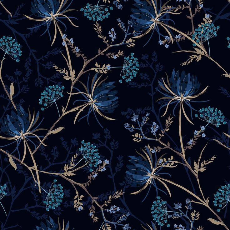 blue flowers and leaves on a black background