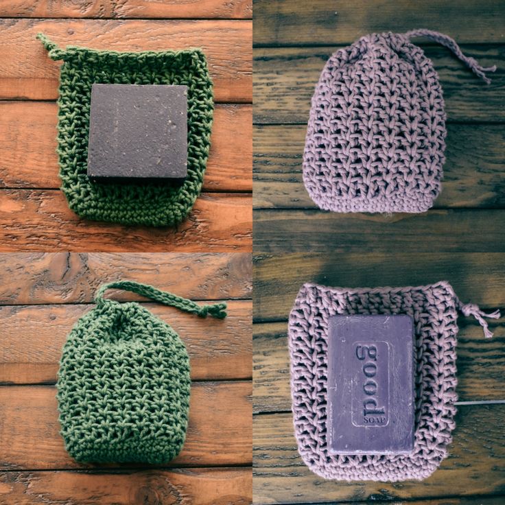 three crocheted pouches sitting on top of a wooden table next to each other