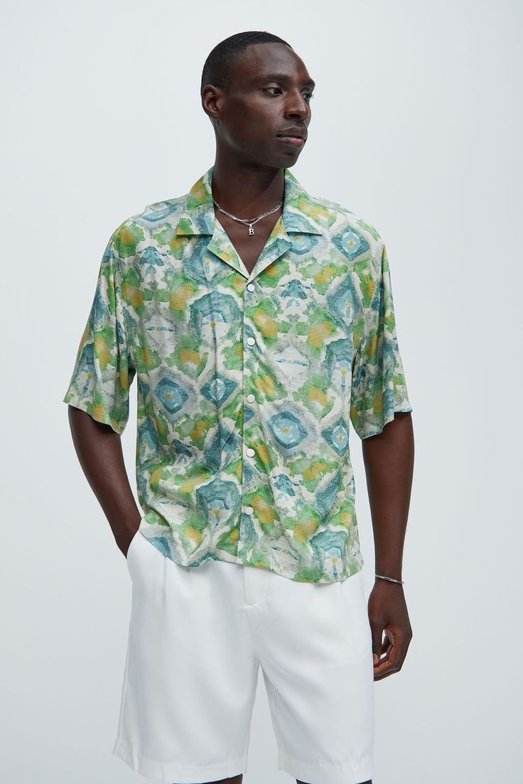 Available In Multi Color. Fold Down Collar Front Button Closure Short Sleeve 100% Rayon Imported | Mens Hartwick Watercolor Shirt size XL by Fashion Nova Patterned Relaxed Fit Shirt With Camp Collar, Green Casual Short Sleeve Shirt With Spread Collar, Green Relaxed Button-up Top, Relaxed Fit Green Shirt With Button Closure, Casual Green Short Sleeve Shirt With Spread Collar, Green Relaxed Fit Shirt With Button Closure, Green Tops With Button Closure For Summer, Green Camp Collar Top For Spring, Relaxed Fit Printed Collared Shirt