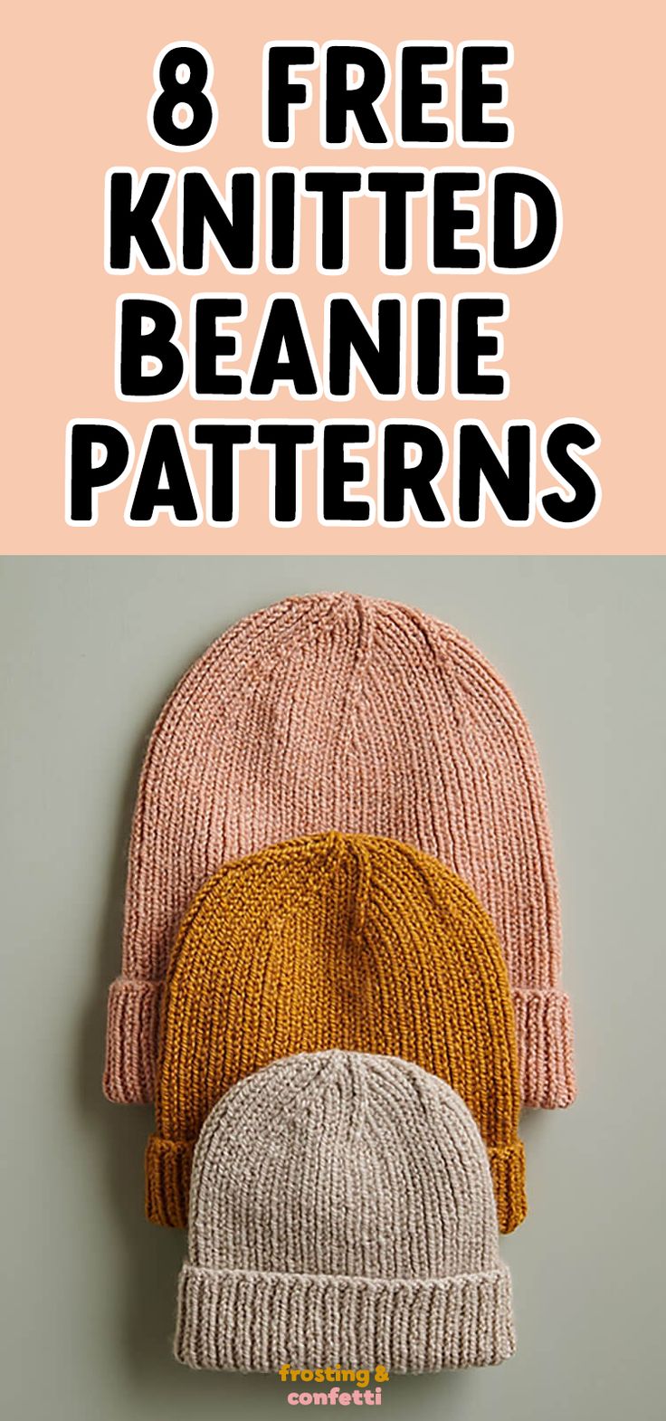 three knitted beanies with text that reads 8 free knitted beanie patterns