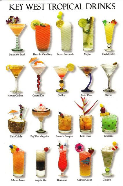 a poster with different types of drinks on it's sides and the words, key west tropical drinks