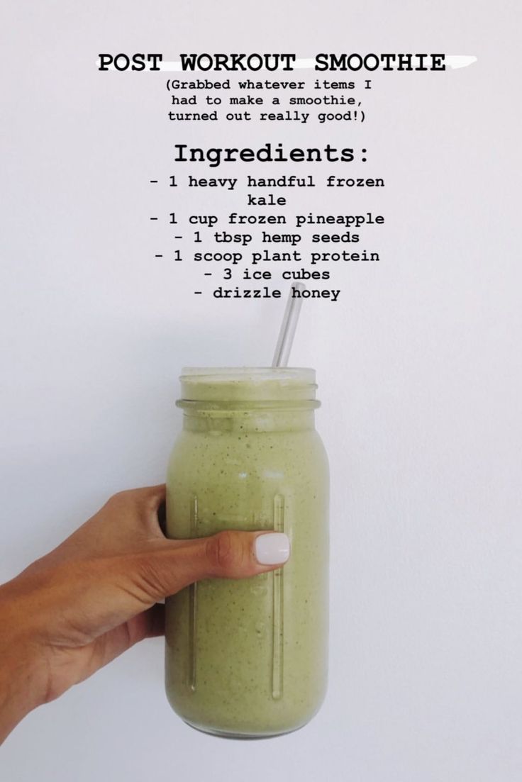 a hand holding a green smoothie in a mason jar with instructions on how to make it