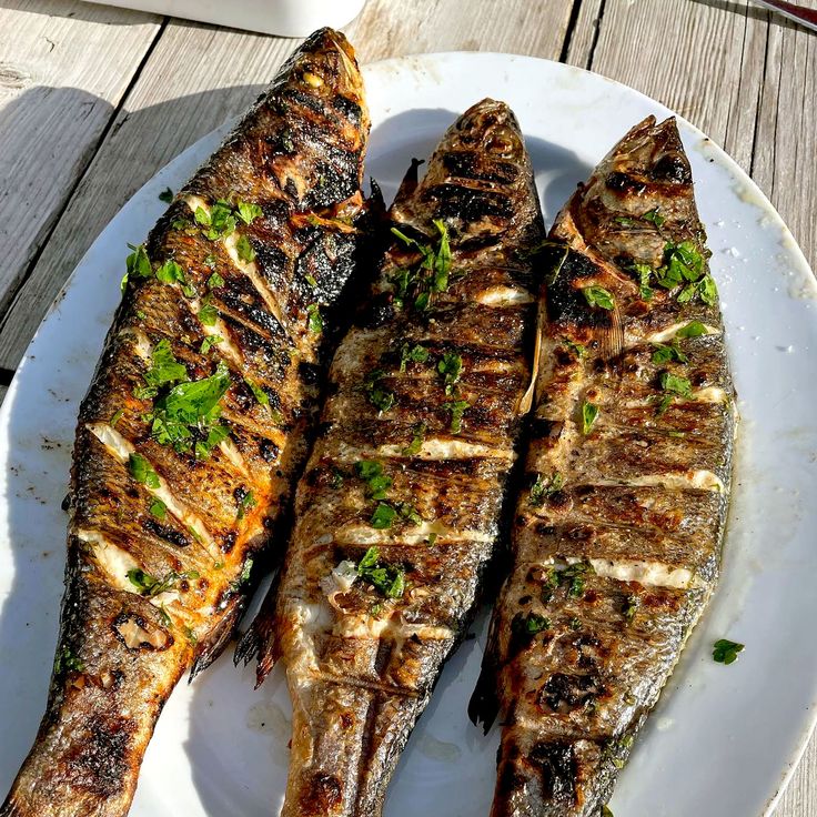 three grilled fish sitting on top of a white plate