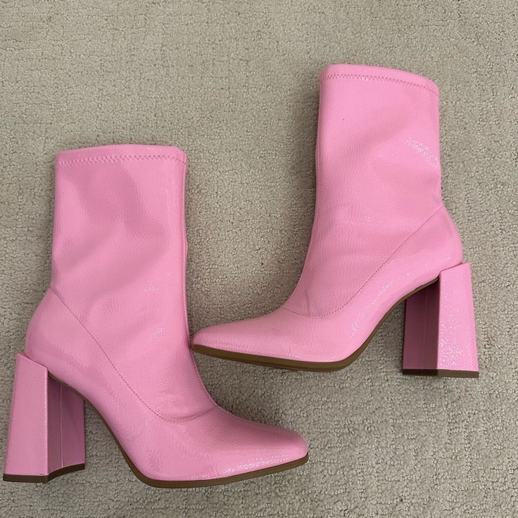 Never Worn Trendy Pink High Heel Boots, Spring Synthetic High-heeled Boots, Trendy Synthetic Heeled Boots With Square Toe, Trendy Heeled Boots With Padded Heel, Synthetic Pointed Toe Boots For Spring, Trendy Medium Width Ankle Boot Heels, Spring Faux Leather Boots With Padded Heel, Trendy Pink Platform Heeled Boots, Pink Ankle-high Heels For Fall