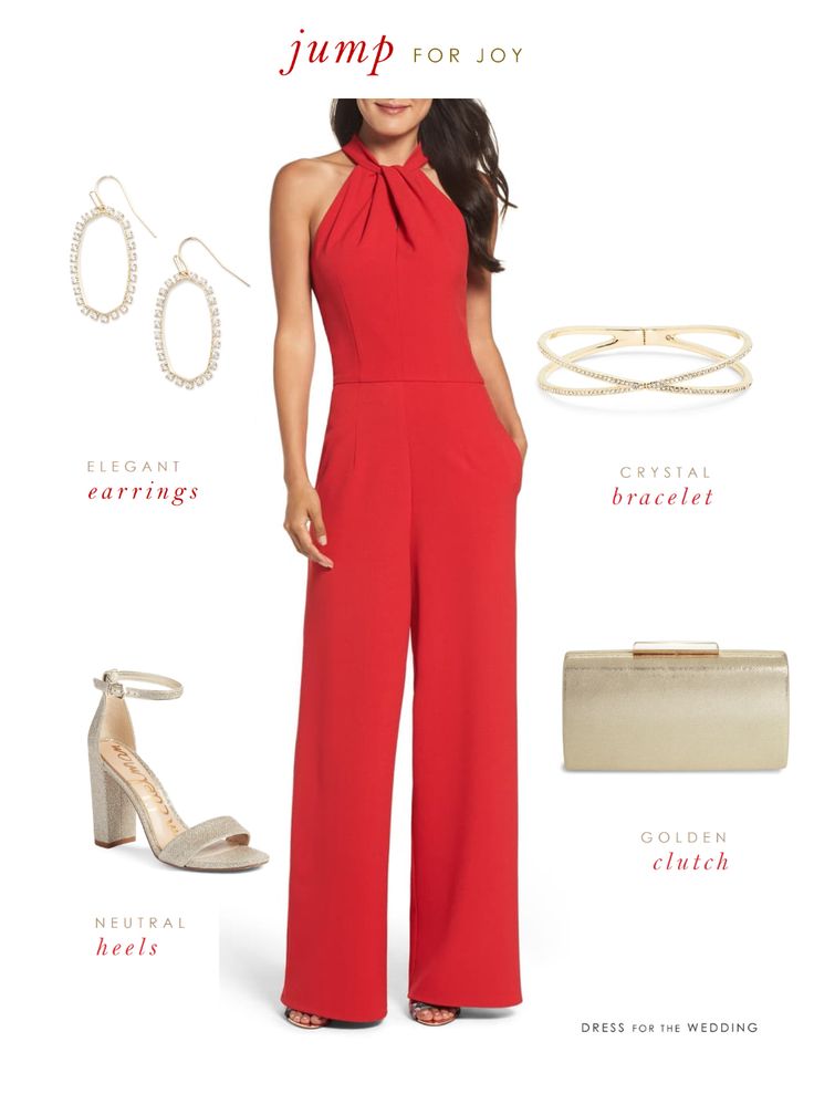 Red Jumpsuit | Dress for the Wedding Dressy Jumpsuit Wedding Formal, Red Wedding Jumpsuit The Bride, Red Wedding Jumpsuit, Red Jumper Outfit Classy, Jumpsuit Styling Ideas For Party, Dressy Pant Outfits For Women, Red Jumpsuit Outfit Wedding, Red Jumpsuit Outfit Night, Red Jumpsuit Outfit Classy