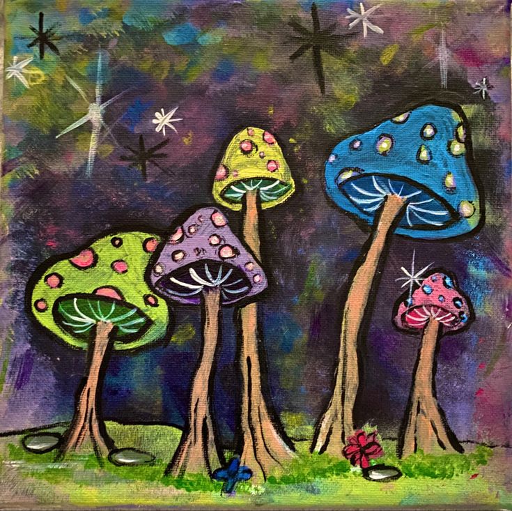 a painting of three trees with colorful mushrooms on them