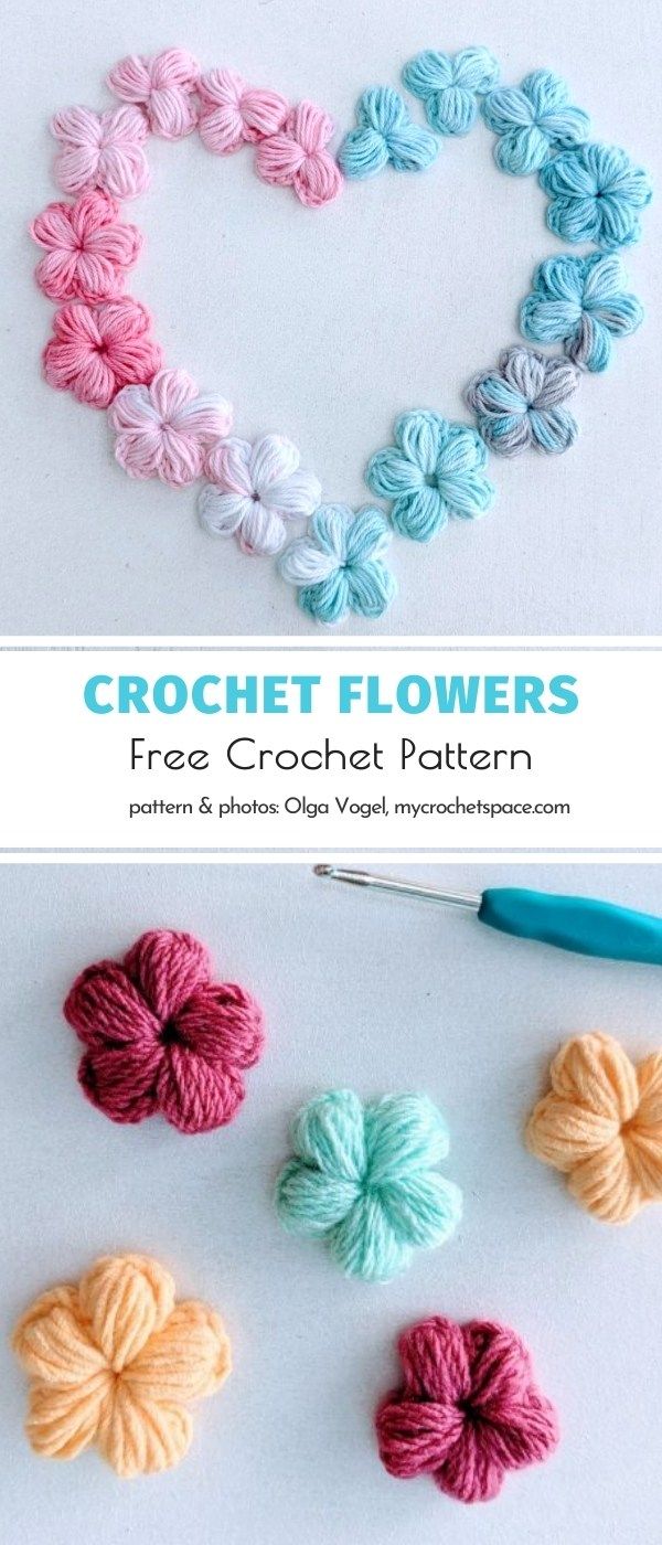 crochet flowers are arranged in the shape of a heart, and one is made from yarn